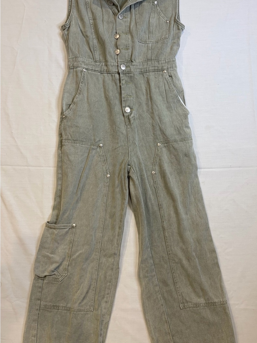 Avec Les Filles Olive Green Denim Utility Overalls